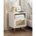 HEYZOEY Rattan Bedside Table – White & Gold Boho Nightstand with Drawer