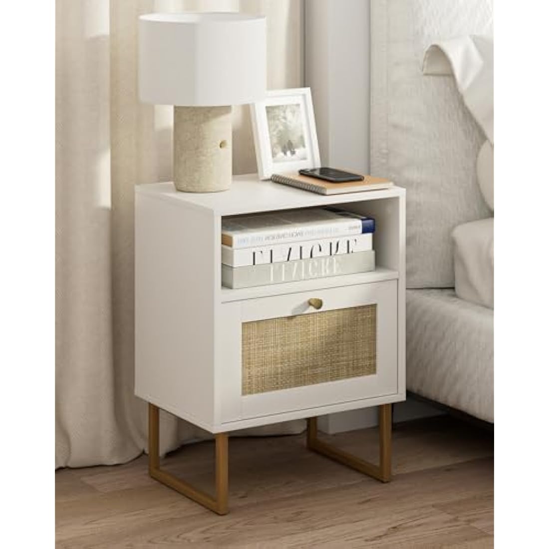 HEYZOEY Rattan Bedside Table – White & Gold Boho Nightstand with Drawer