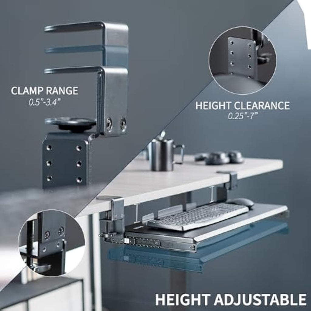 VIVO Large Height Adjustable Under Desk Keyboard Tray | C-Clamp Mount