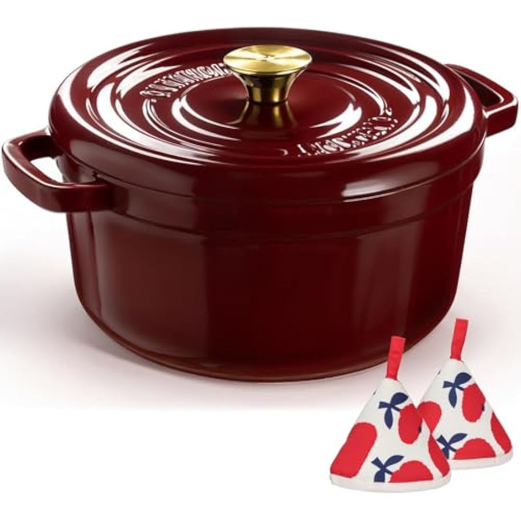 Overmont 5L Enameled Cast Iron Dutch Oven – 26cm Bread Baking Pot, Red