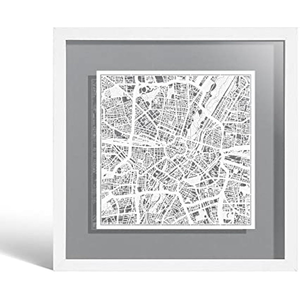 O3 Design Studio Munich Paper Map Art - White Frame Wall Decor, 9x9