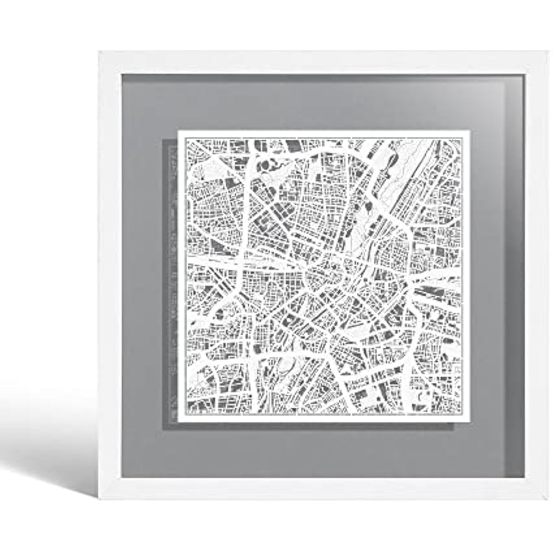 O3 Design Studio Munich Paper Map Art - White Frame Wall Decor, 9x9