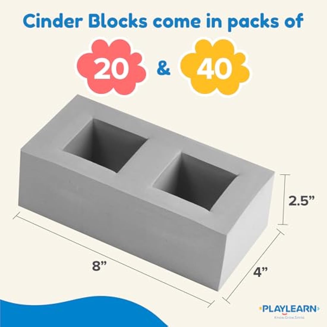 Playlearn Foam Breeze Block Construction Bricks for Kids, Grey - 20 Pack