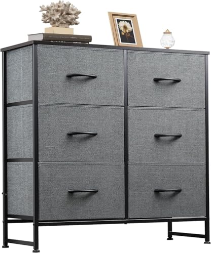 WLIVE 6-Drawer Fabric Dresser | Steel Frame Storage Cabinet, Black Walnut