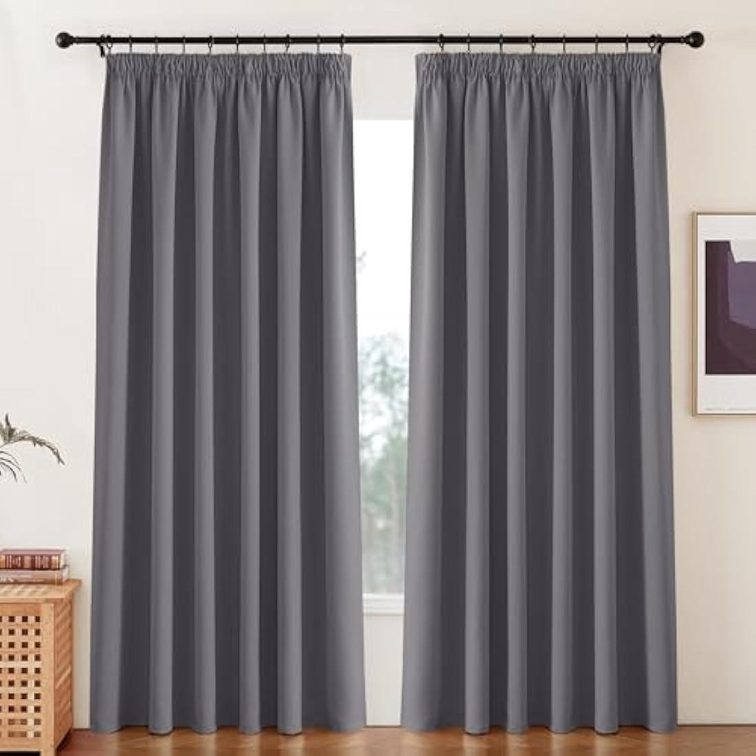 PONY DANCE Grey Pencil Pleat Blackout Curtains – Thermal 90x90 Pair