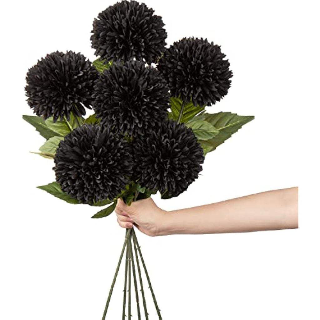 Black Artificial Chrysanthemum Silk Flowers – 6 Pcs