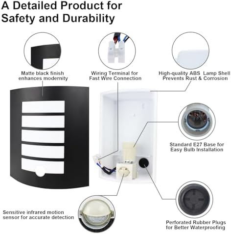 Wondlumi Outdoor Wall Light – PIR Motion Sensor IP44 Waterproof Black