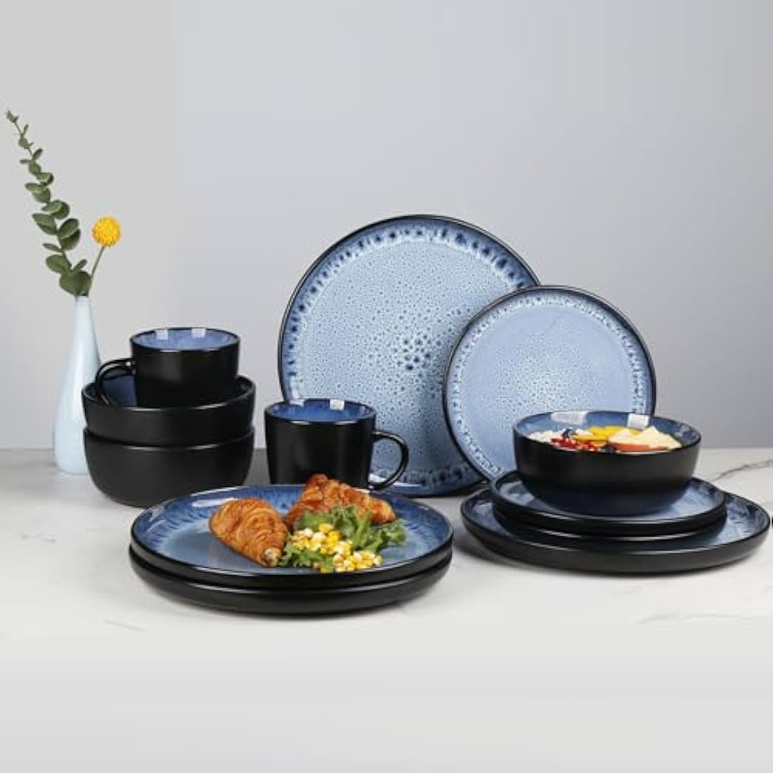 Greentainer 16-Piece Stoneware Dinnerware Set | Reactive Glaze Ocean Blue