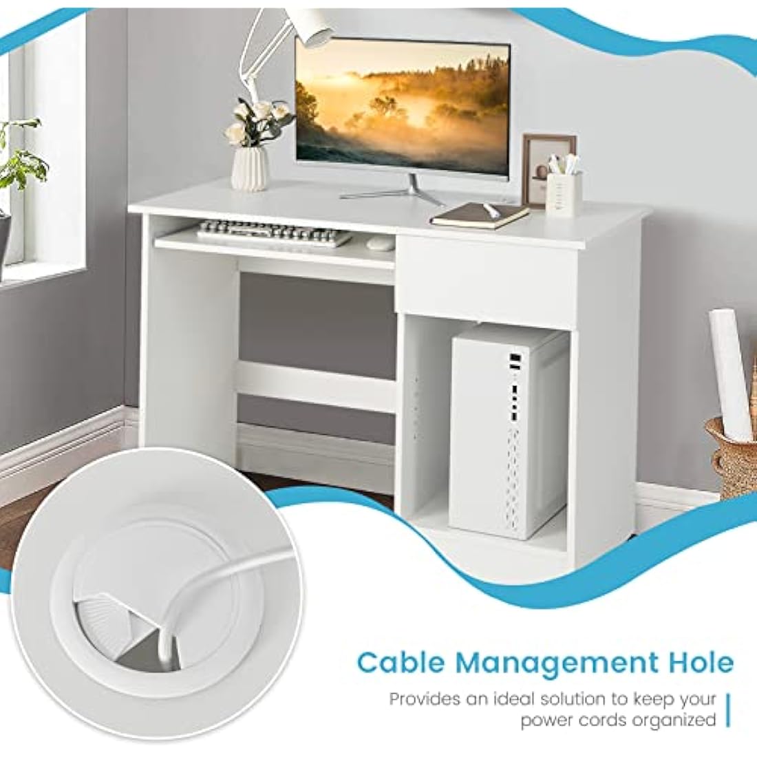 Computer Desk with Keyboard Tray and Drawer - White