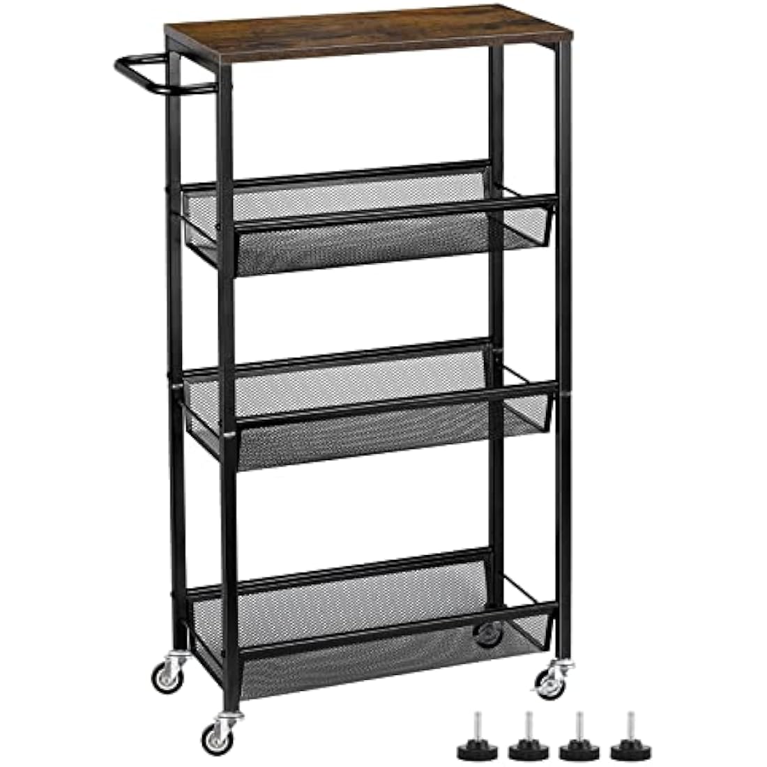 LIANTRAL Slim 4-Tier Rolling Storage Cart with Wooden Tabletop | 18.5cm Wide