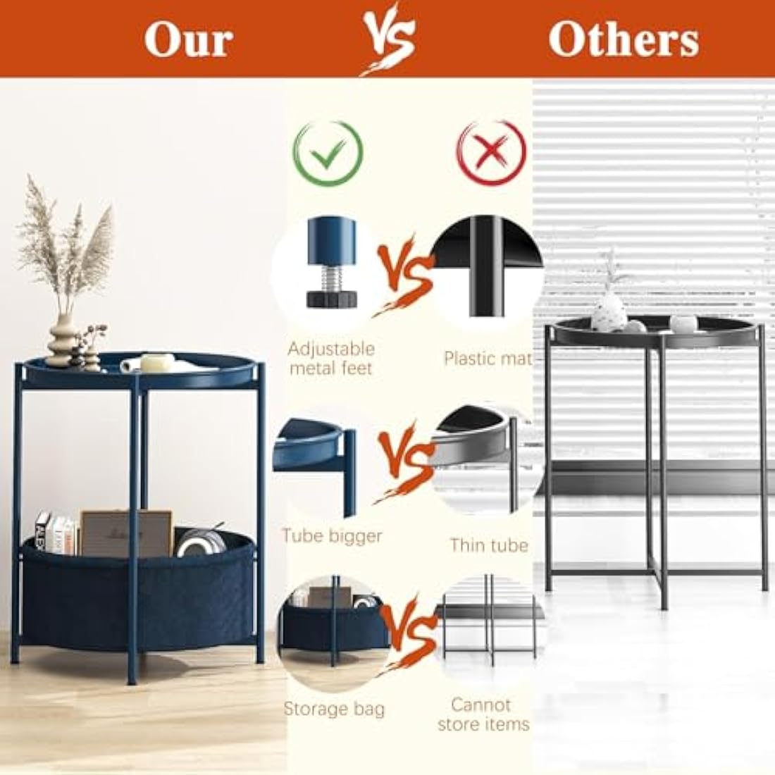 Huhote Round Side Table – Metal End Table with Storage Basket, Blue