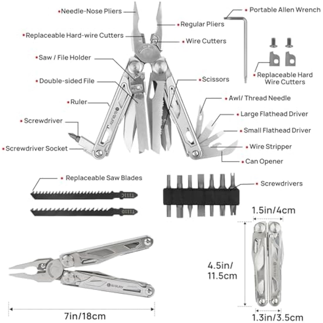 BIBURY 31-in-1 Multitool Pliers | Stainless Steel Tool with 16-Bit Set