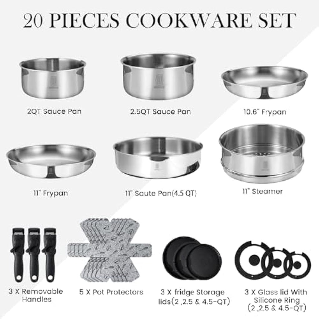 ROYDX 20-Piece Stainless Steel Cookware Set | Detachable Handles & Steamer