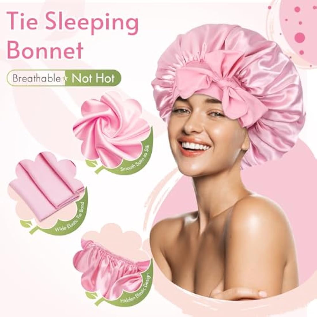 Satin Silk Bonnet for Curly Hair | Adjustable Tie Band, Pink