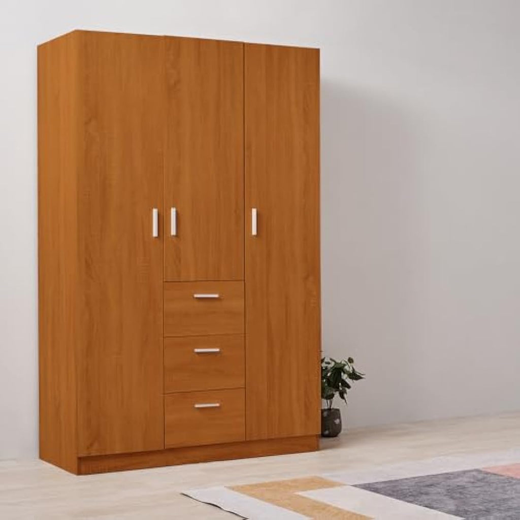 Modern Solid Pine Wood 3 Door Wardrobe with Hanging Rail – Oak