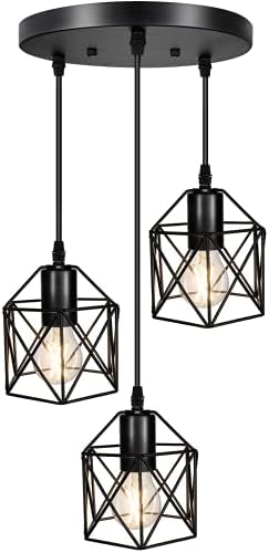 Industrial 3-Light Cage Pendant Lamp – Black Geometric