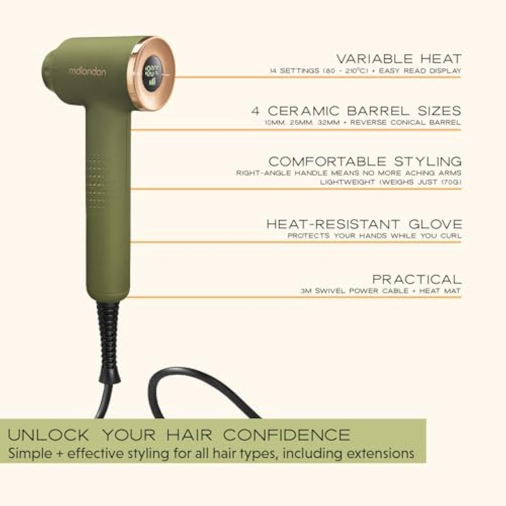 mdlondon CURL 4-in-1 Hair Curling Wand – Ceramic Multi-Styler, Olive