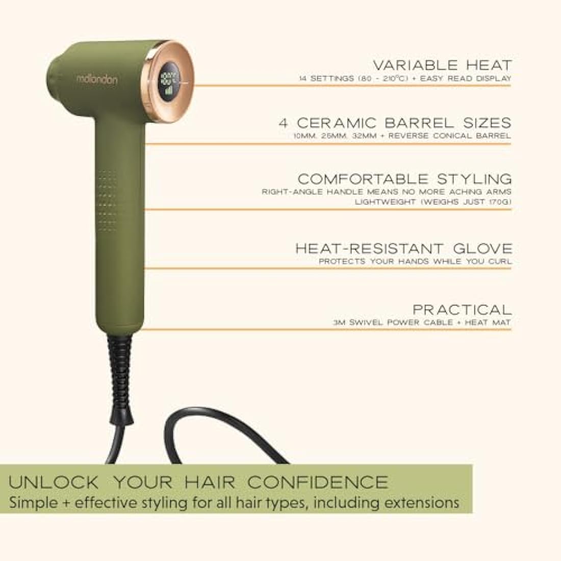mdlondon CURL 4-in-1 Hair Curling Wand – Ceramic Multi-Styler, Olive