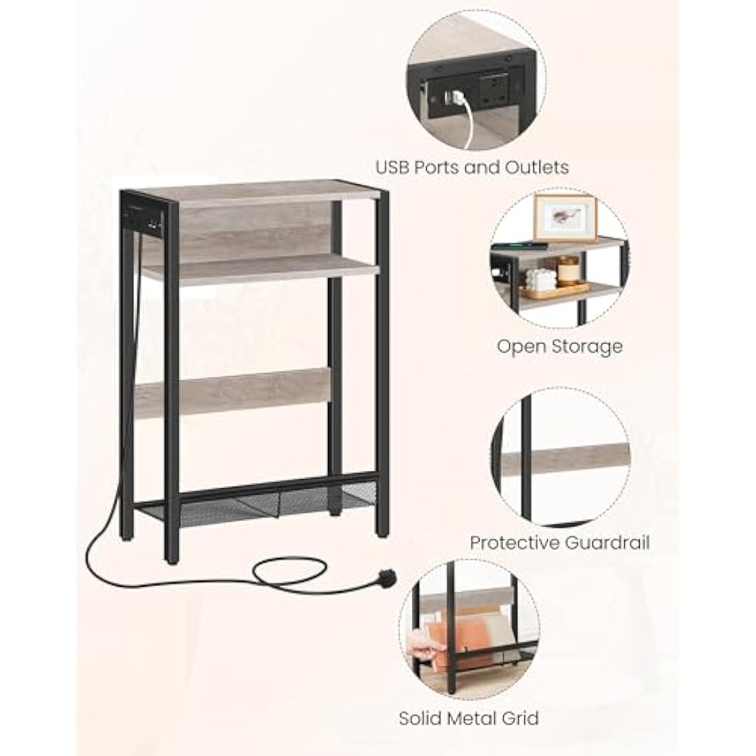 CHOEZON Narrow Side Table with Charging Station | Slim Greige Nightstand