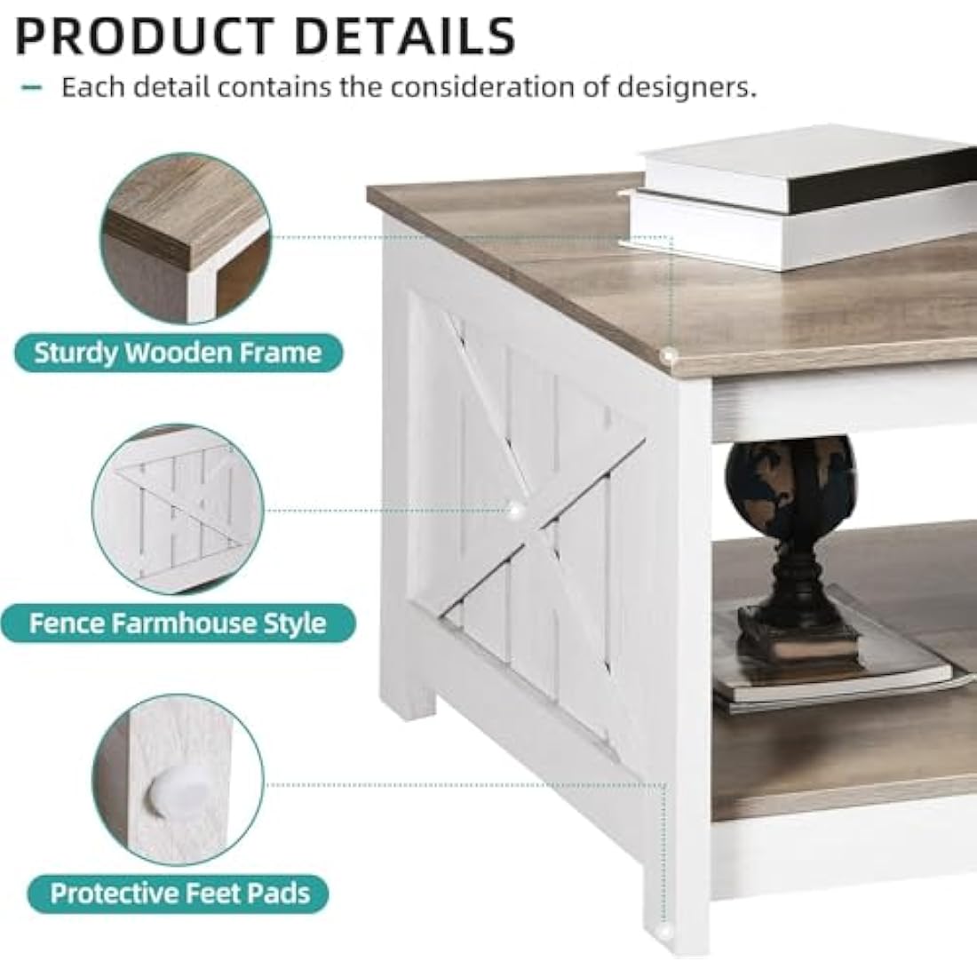 YITAHOME Square Farmhouse Coffee Table – Grey Wash Wood with Storage