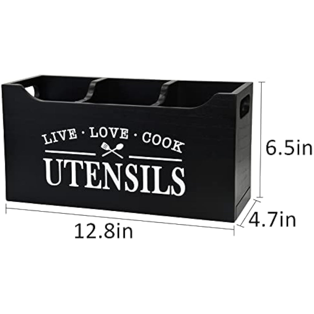 Karisky Wood Utensil Holder | 3-Compartment Farmhouse Kitchen Organizer