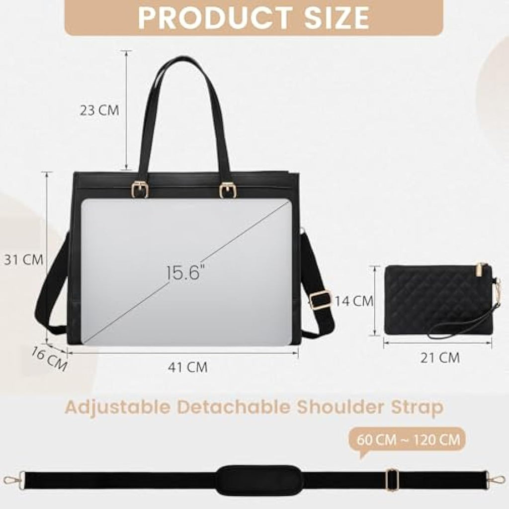 Jolof Store 15.6 Inch Laptop Bag for Women | Leather Work Tote - Black