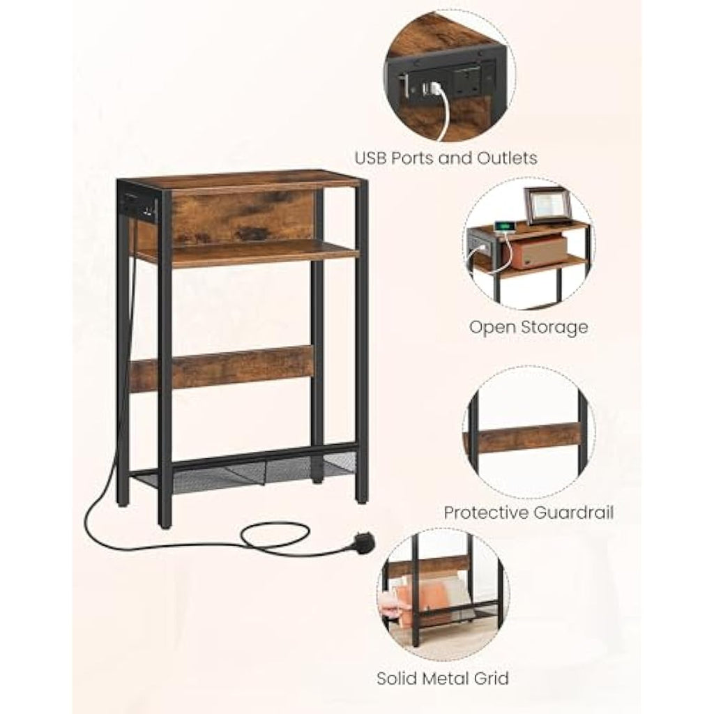 CHOEZON Narrow Side Table with Charging Station | Rustic End Table