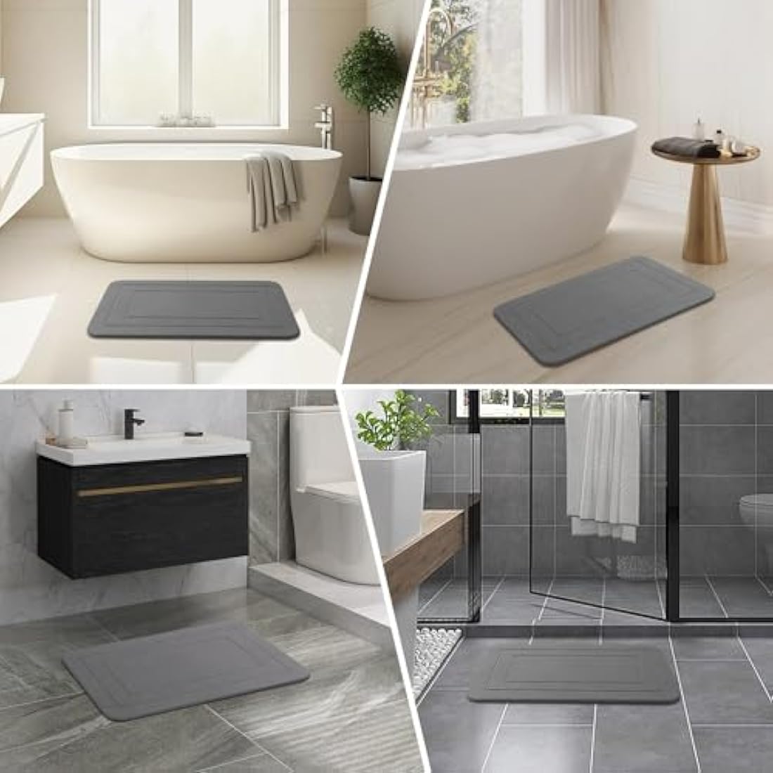 HUMIGA Diatomaceous Earth Stone Bath Mat - 2 Pack Non-Slip Grey, 24x15