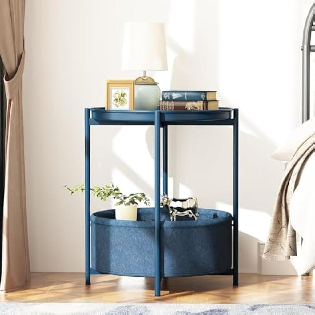 Huhote Round Side Table – Metal End Table with Storage Basket, Blue
