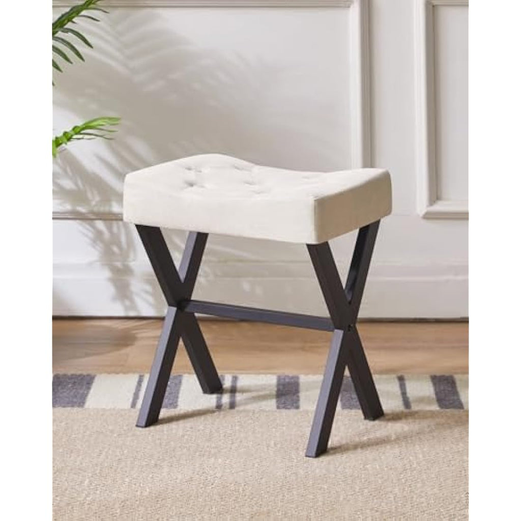 IBUYKE U-Shaped Linen Vanity Stool | Square Makeup Ottoman with X-Leg