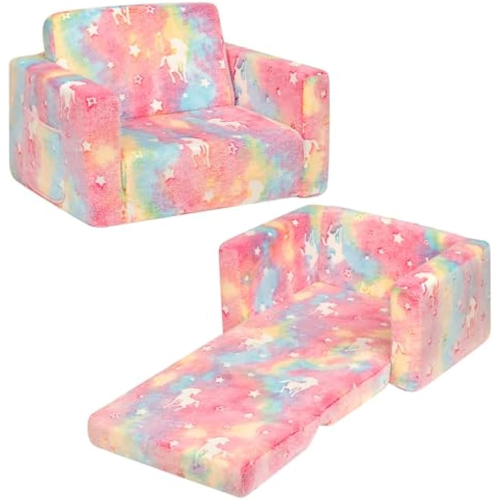 BEJOY Kids 2-in-1 Flip Out Sofa Bed – Flannel Toddler Lounger, Unicorns