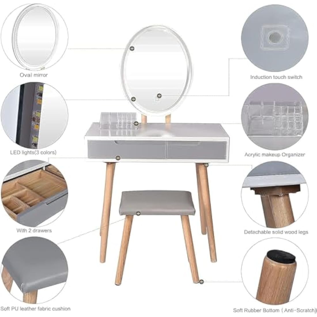 YOURLITE Vanity Table Set with LED Oval Mirror and Cushioned Stool - White