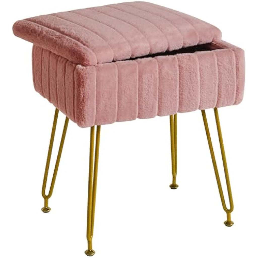 IBUYKE Faux Fur Storage Ottoman Stool – Pink Makeup Vanity Footrest