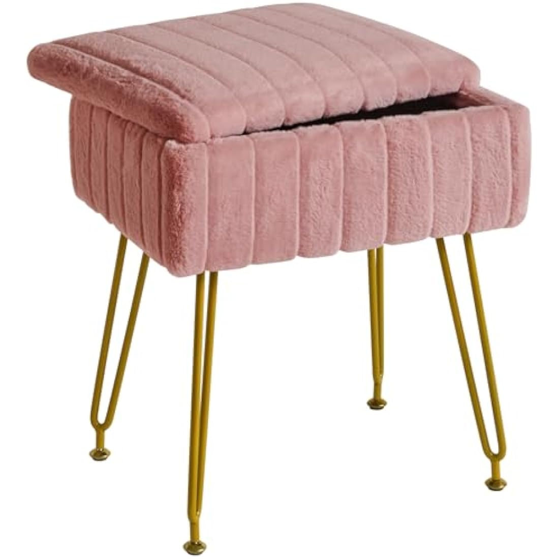IBUYKE Faux Fur Storage Ottoman Stool – Pink Makeup Vanity Footrest