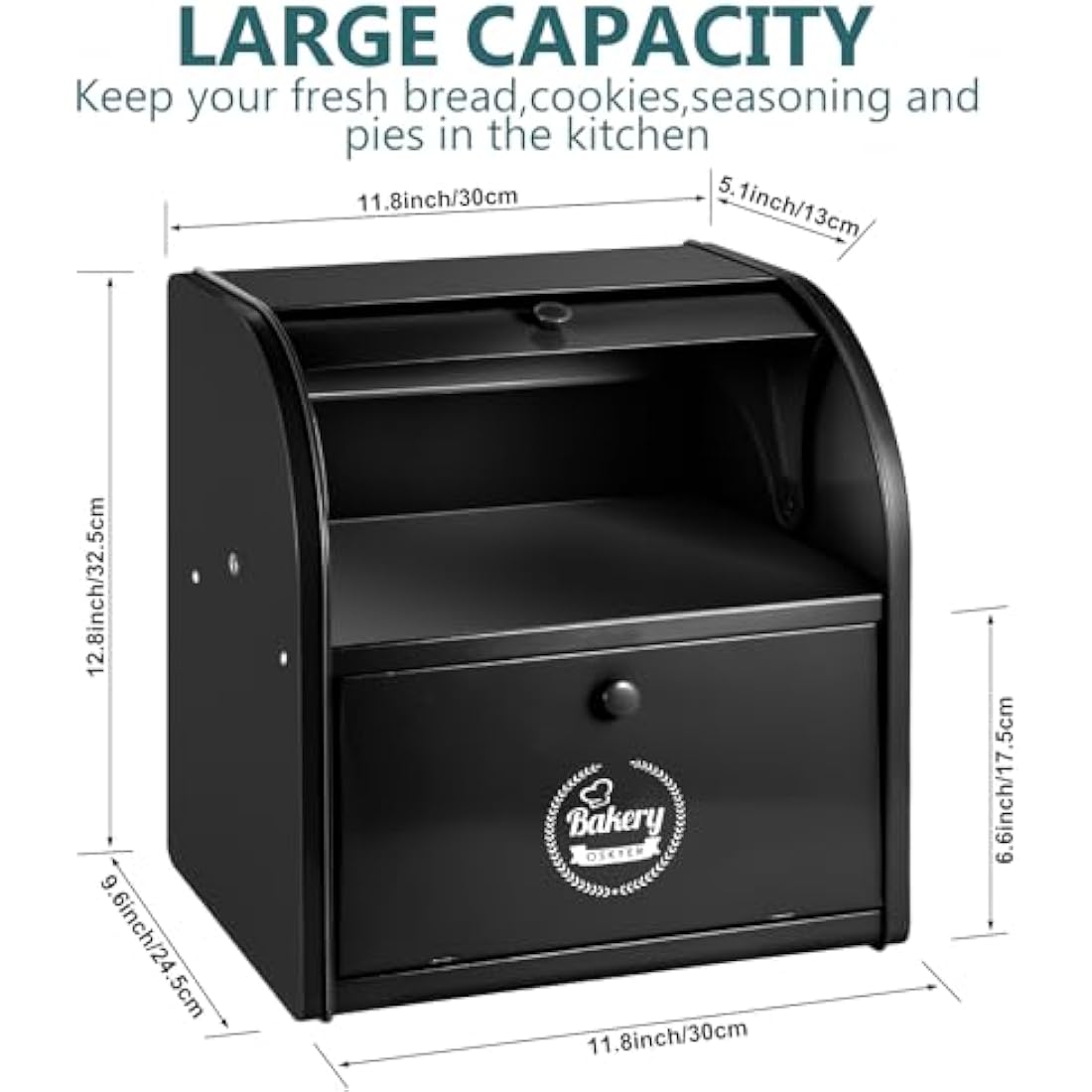 Dyserbuy 2-Layer Large Bread Bin | Black Stainless Steel Roll Top Box