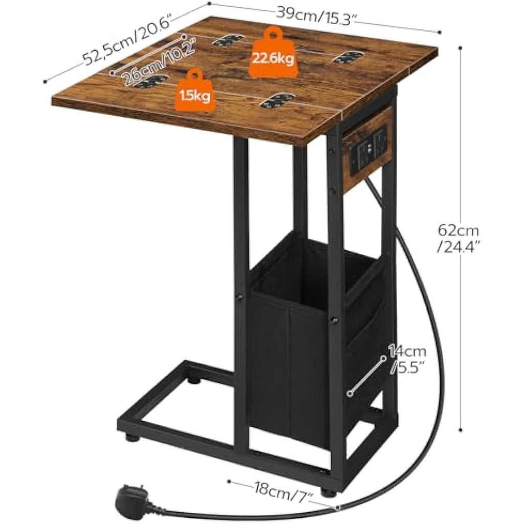 HOOBRO C Shaped Side Table with Charging Station and Foldable Top