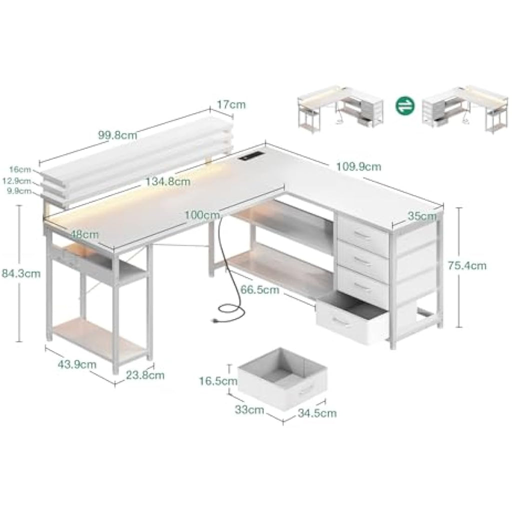 ODK L-Shaped Corner Gaming Desk with LED Lights, Drawers & Power Outlets