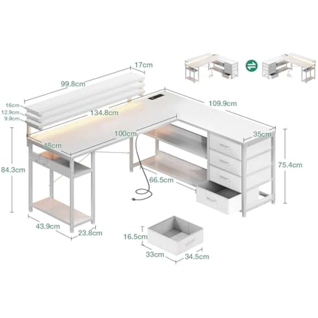 ODK L-Shaped Corner Gaming Desk with LED Lights, Drawers & Power Outlets