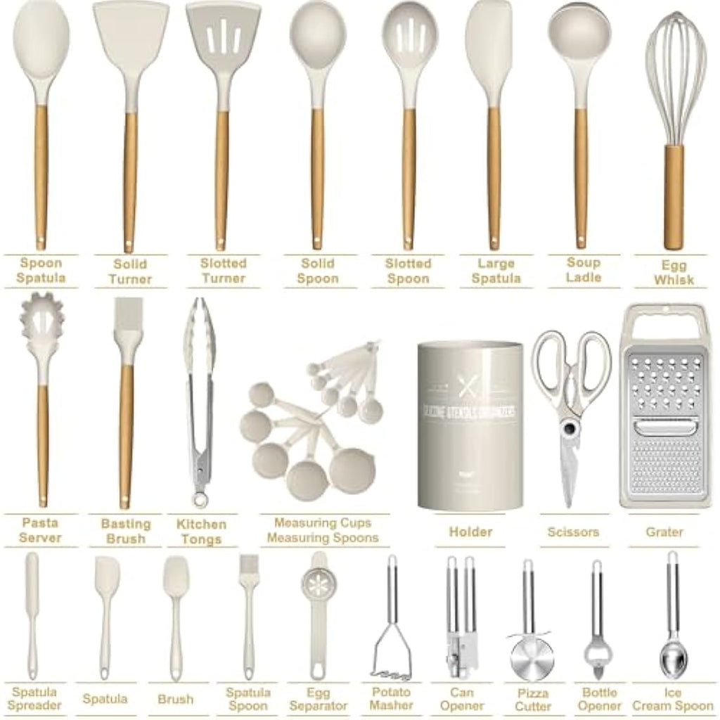 Terlulu 34-Piece Silicone Kitchen Utensils Set with Wooden Handles, Khaki