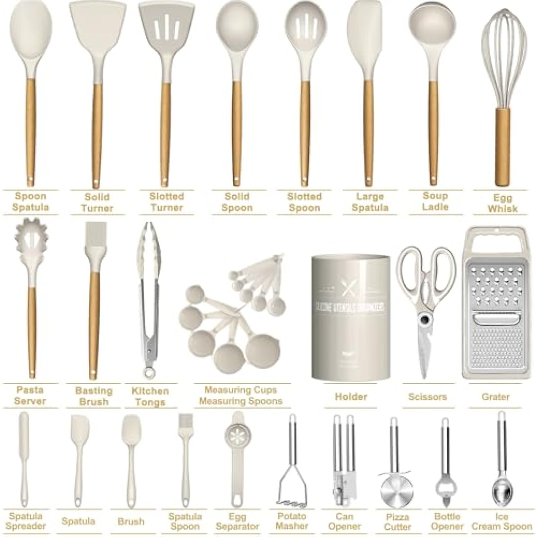 Terlulu 34-Piece Silicone Kitchen Utensils Set with Wooden Handles, Khaki
