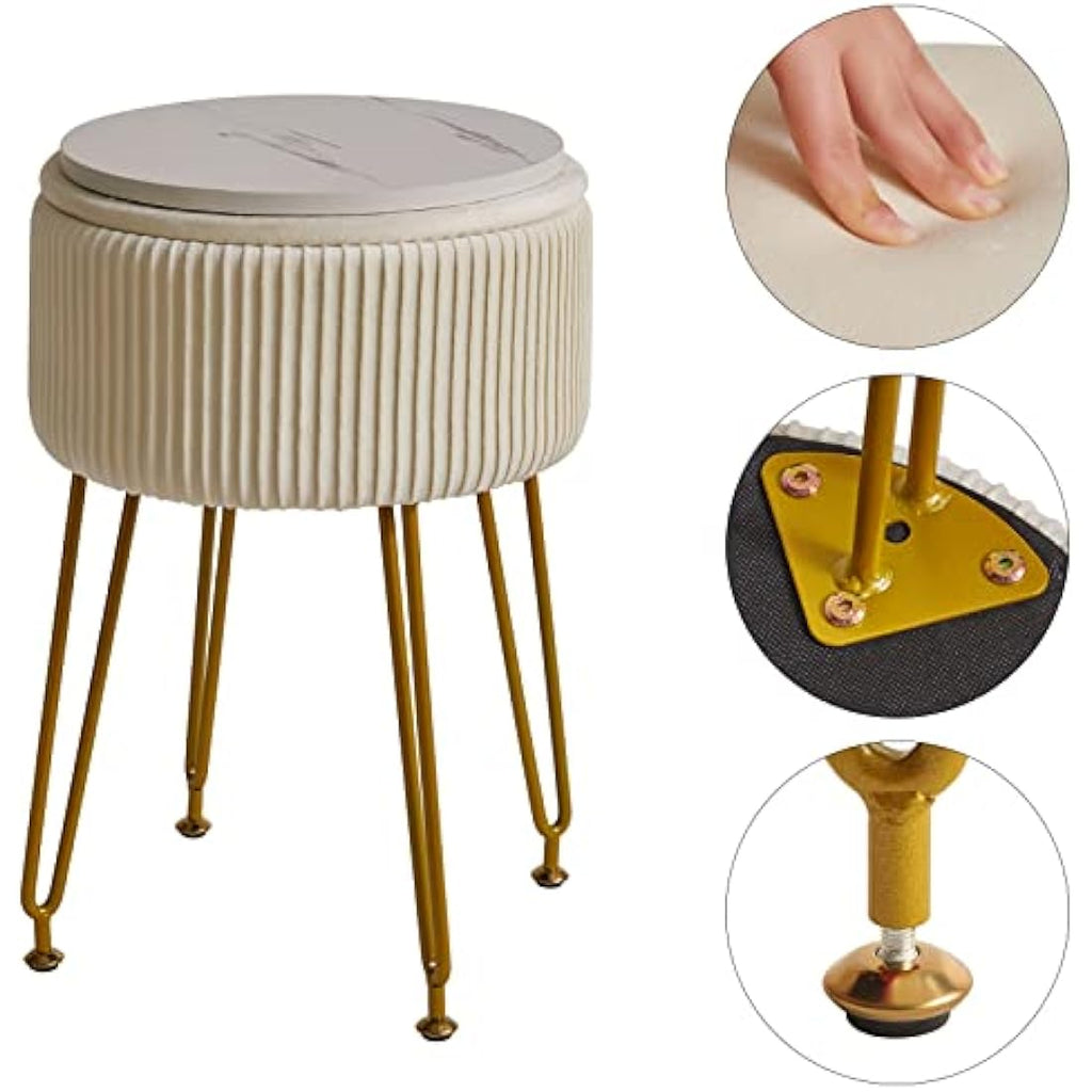 IBUYKE Velvet Storage Ottoman Stool | Vanity Chair with Gold Legs, Cream