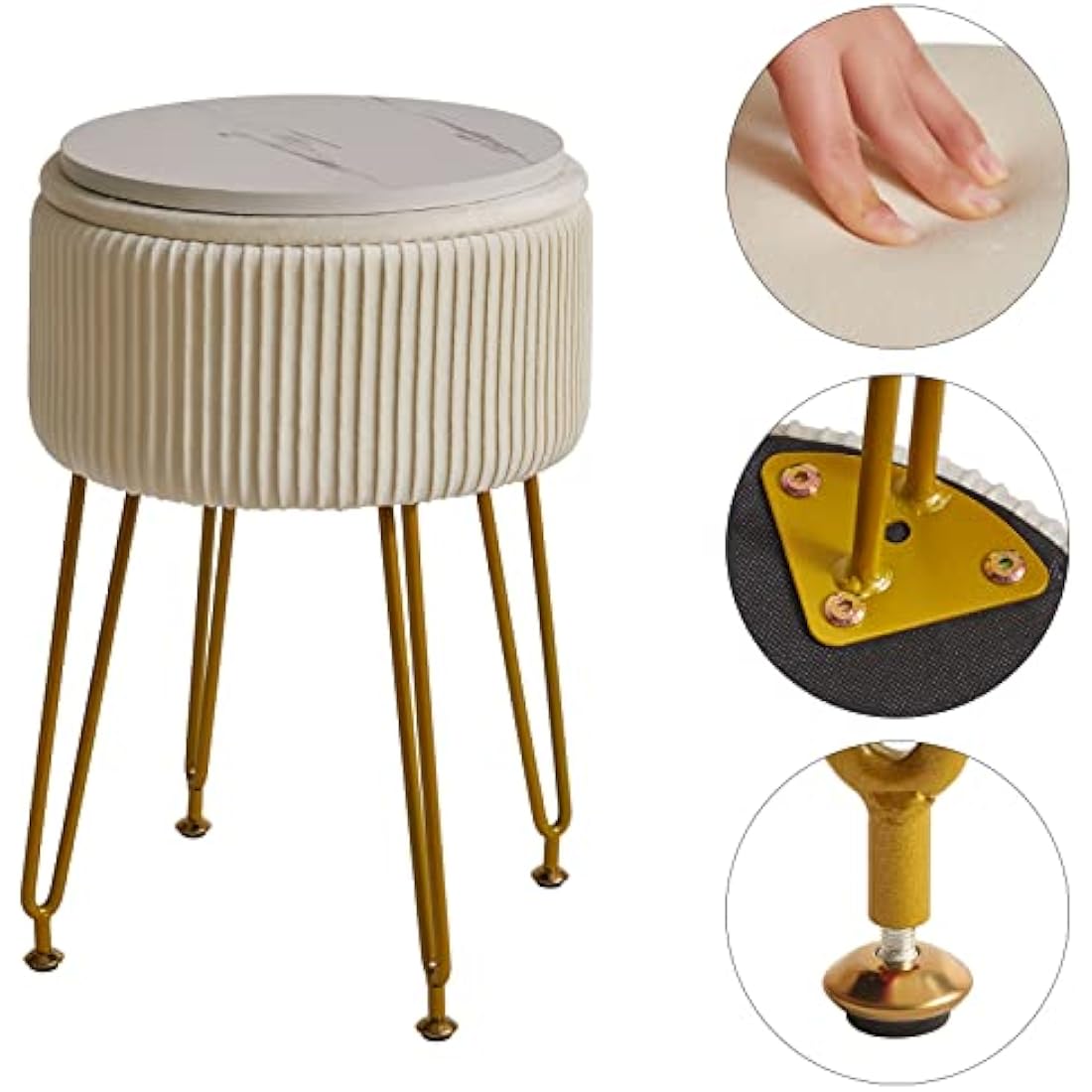 IBUYKE Velvet Storage Ottoman Stool | Vanity Chair with Gold Legs, Cream
