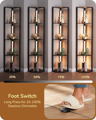 EDISHINE LED Floor Lamp with 4-Tier Shelves | Dimmable Wood Standing Lamp