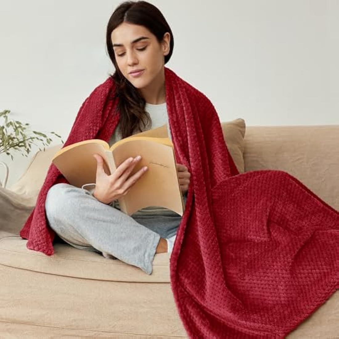 Jolof Store King Size Fleece Bed Blanket | Waffle Weave Jacquard - Burgundy