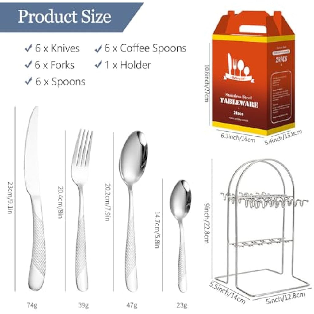Jolof Store 24-Piece Stainless Steel Cutlery Set with Stand for 6 – Silver