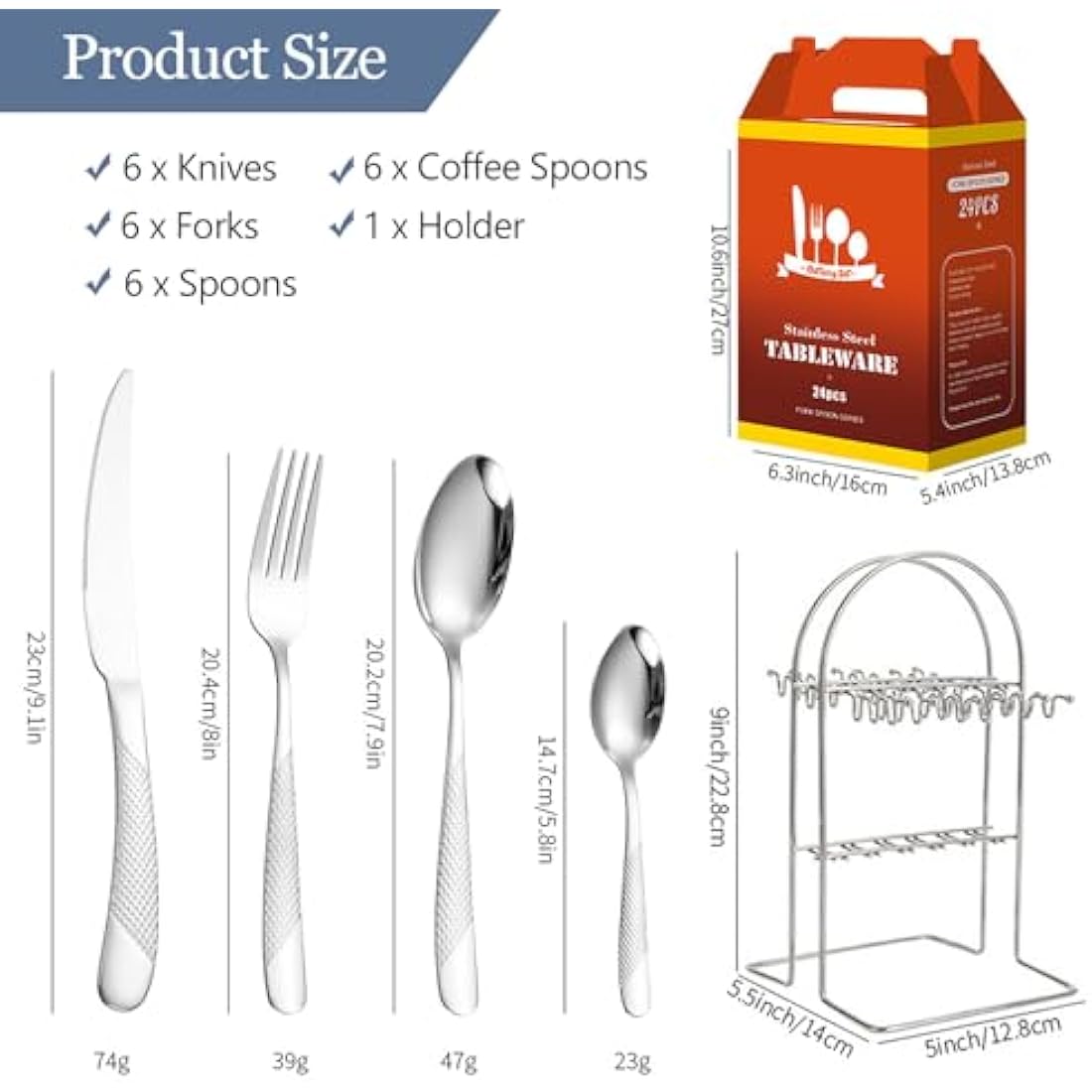 Jolof Store 24-Piece Stainless Steel Cutlery Set with Stand for 6 – Silver
