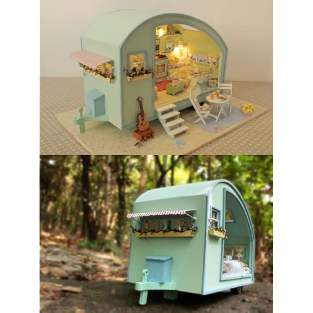 Cuteroom DIY Miniature Wooden Dollhouse Kit – Caravan Model with Music Box
