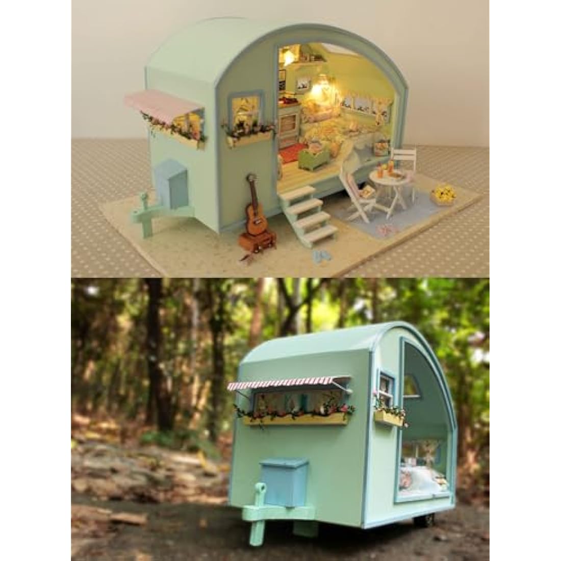 Cuteroom DIY Miniature Wooden Dollhouse Kit – Caravan Model with Music Box