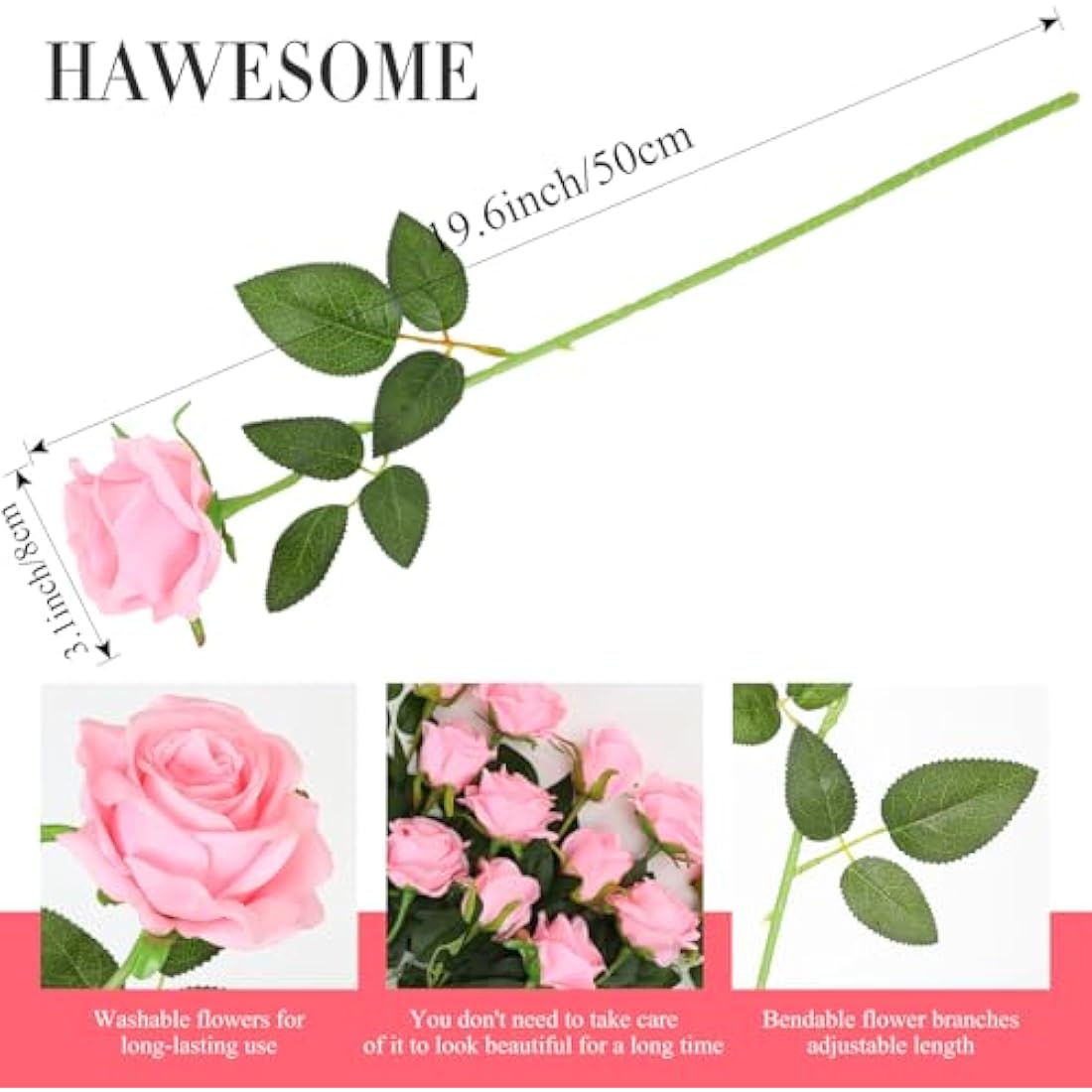 12PCS Artificial Silk Roses – 21" Long Stem Fake Flowers, Pink