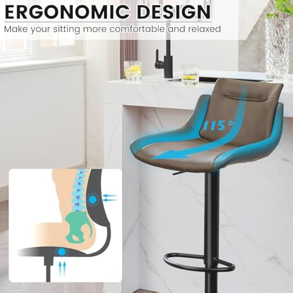 Jolof Store Bar Stools Set of 2 – Brown Swivel PU Leather Kitchen Chairs